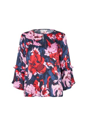 Lässige Bluse mit 3/4-Rüschensäumen, Rundhalsausschnitt und lebhaftem blauen, roten und pinken Blumenmuster.