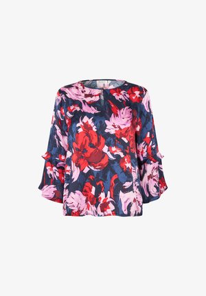 Lässige Bluse mit 3/4-Rüschensäumen, Rundhalsausschnitt und lebhaftem blauen, roten und pinken Blumenmuster.