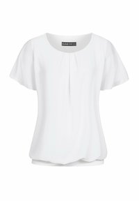 Top bianco a maniche corte con scollatura arrotondata, caratterizzato da pieghe sottili nella parte anteriore e un tessuto morbido e leggero per una facile vestibilità.