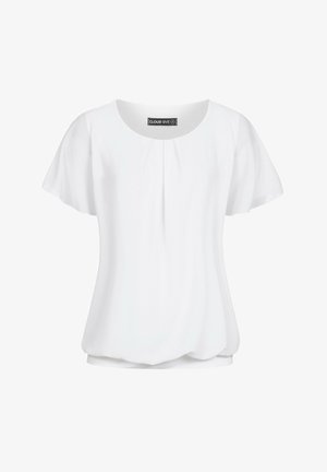 Balta īsām piedurknēm topiņa ar noapaļotu kakla izgriezumu, kam priekšā ir smalkas krokas un kas izgatavota no mīksta, viegla auduma, lai nodrošinātu ērtu valkāšanu.