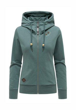 Felpa con cappuccio verde con zip e colletto alto, coulisse con perline di legno, maniche lunghe e piccole toppe con logo sul petto e sull'orlo.