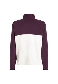 Felpa in pile con colletto alto; presenta la parte superiore di colore viola e quella inferiore di colore bianco. Maniche lunghe e una texture morbida su tutta la superficie.