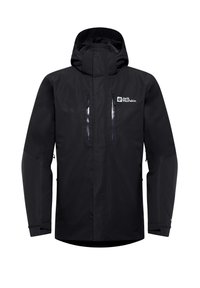 Veste noire imperméable avec un col haut, deux poches poitrine zippées, des poignets réglables et un logo sur le côté supérieur droit.