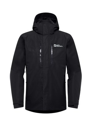 Veste noire imperméable avec un col haut, deux poches poitrine zippées, des poignets réglables et un logo sur le côté supérieur droit.