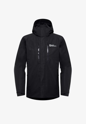 Black waterproof jacket with a high collar, two zippered chest pockets, adjustable cuffs, and a logo on the upper right side.
