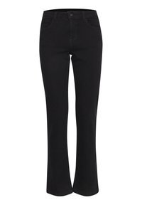Black denim flared jeans with a five-pocket design, traditional button and zip closure, and clean edges. Smooth texture, medium rise.