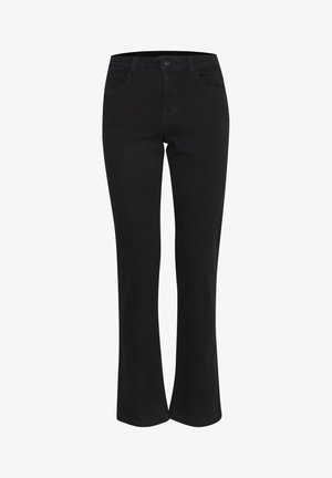 Black denim flared jeans with a five-pocket design, traditional button and zip closure, and clean edges. Smooth texture, medium rise.