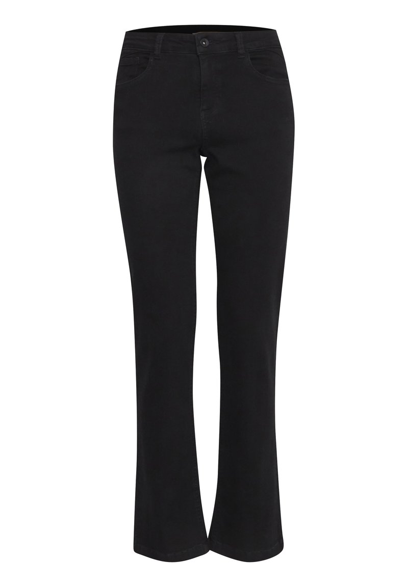 Black denim flared jeans with a five-pocket design, traditional button and zip closure, and clean edges. Smooth texture, medium rise.