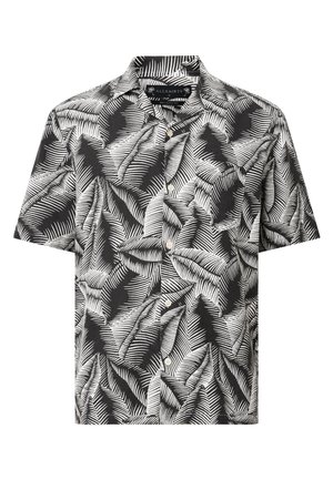 Short-sleeve button-up shirt in black and white leaf pattern, featuring a structured collar and smooth fabric texture.