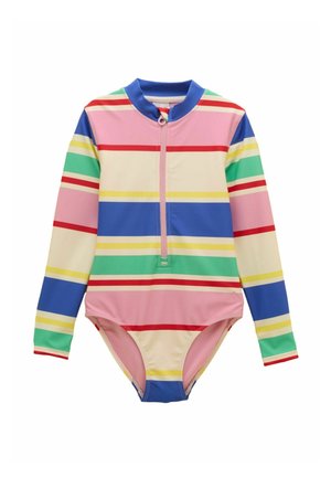 Bañador de una pieza de manga larga con rayas horizontales en rosa, crema, azul, verde, amarillo y rojo, con cremallera frontal y cuello azul.