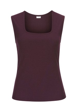 Sleeveless purple ribbed tank top with a square neckline. Made from stretchy fabric, featuring a fitted cut and clean edges.