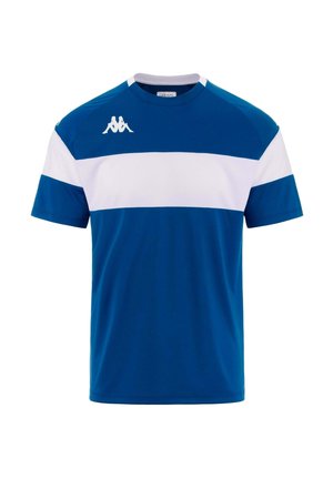 T-shirt sportiva blu con striscia orizzontale bianca, maniche corte, colletto rotondo e logo Kappa bianco sul petto. Tessuto dal finish liscio.