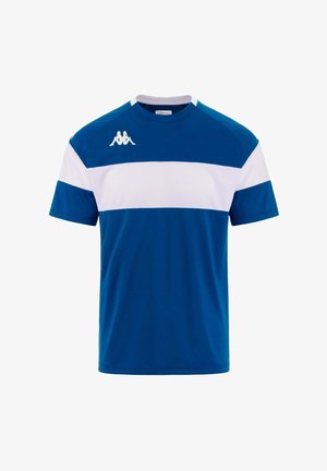 T-shirt sportiva blu con striscia orizzontale bianca, maniche corte, colletto rotondo e logo Kappa bianco sul petto. Tessuto dal finish liscio.