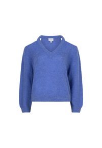 V-Ausschnitt-Pullover in Hellblau, aus weichem, strukturiertem Stoff. Mit langen, leicht puffigen Ärmeln und einer lockeren Passform. Keine sichtbaren Hardware-Elemente.