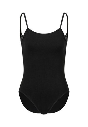 Schwarzer Tankini Badeanzug mit dünnen Trägern, rundem Ausschnitt und figurbetontem Schnitt. Hergestellt aus glattem, dehnbarem Material ohne sichtbare Muster.