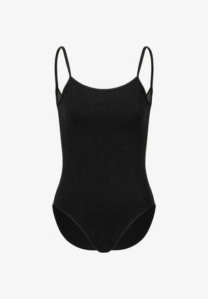 Black tank swimsuit with thin straps, a scoop neckline, and a fitted design. Made from smooth, stretchy fabric with no visible patterns.