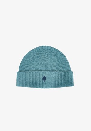 Bonnet en tricot couleur teal avec une texture côtelée et un revers. Présente un petit emblème d'arbre marine à l'avant.