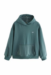 Grüner Baumwoll-Hoodie mit geräumiger Fronttasche, gerippten Bündchen und lockerer Passform. Das Wort "self." ist auf der Brust aufgedruckt.