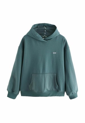 Hoodie en coton vert avec une poche avant spacieuse, des poignets côtelés et une coupe décontractée. Le mot "self." est imprimé sur la poitrine.