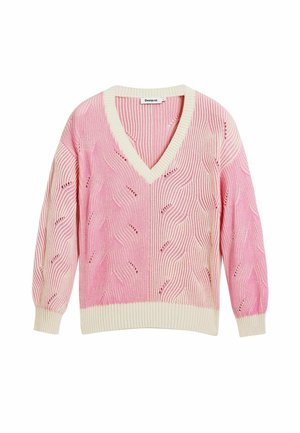 Rosa-weiß gestrickter Pullover mit V-Ausschnitt, wellenförmigem Strukturmuster, langen Ärmeln sowie gerippten Bündchen an Ärmeln und Saum.
