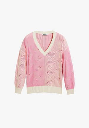 Różowo-kremowy sweter dziany z dekoltem w serek, o fakturze przypominającej fale, z długimi rękawami oraz ściągaczami na końcach rękawów i dole.
