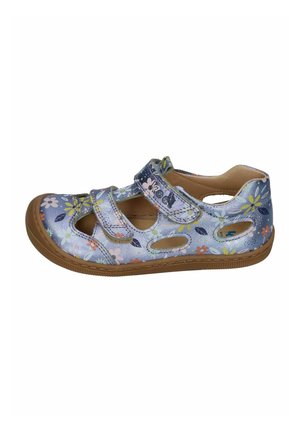 Blaue Kindersandale aus Leder mit mehrfarbigem Blumenmuster, Klettverschlüssen, Ausschnitt-Details und brauner Gummisohle.