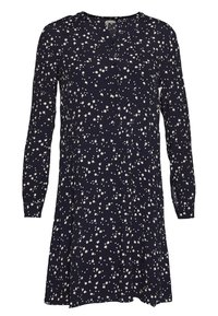 Abito floreale blu navy realizzato in tessuto leggero, con maniche lunghe, patta frontale con bottoni e orlo svasato decorato con piccoli fiori bianchi.