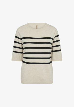 Beiger Kurzarm-Pullover mit schwarzen horizontalen Streifen, rundem Ausschnitt und geripptem Saum, aus einem weichen Strickmaterial gefertigt.