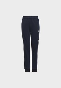 Pantaloni sportivi navy con una vestibilità affusolata. Le caratteristiche includono strisce laterali bianche, una vita elastica e polsini a costine alle caviglie.