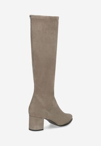 Knöchelhohe, taubfarbene Wildlederstiefel mit Blockabsatz. Glatte Textur, minimales Nähen und ein schlankes, tailliertes Design.