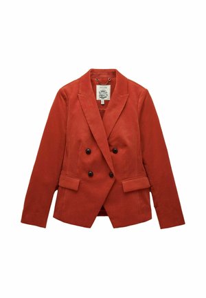 Blazer dublu cu umeri din corduroy de culoare ruginită, cu nasturi negri, rever tăiat și buzunare frontale cu clapetă, așezat plat.