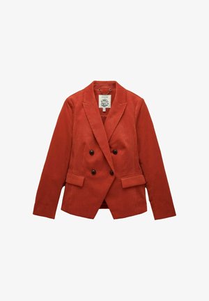 Rustkleurige corduroy dubbele blazer met zwarte knopen, gekleed met revers en voorflapzakken, liggend plat.