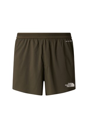 Pantaloncini da ginnastica verde oliva con cinturino elastico, caratterizzati da un motivo a griglia e un logo bianco di The North Face sulla parte anteriore inferiore.