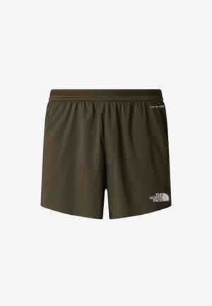 Pantaloncini da ginnastica verde oliva con cinturino elastico, caratterizzati da un motivo a griglia e un logo bianco di The North Face sulla parte anteriore inferiore.