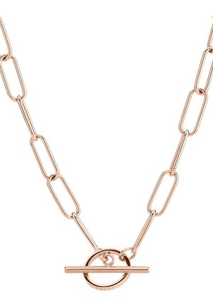 Rosegouden ketting met langwerpige ovale schakels en een toggle sluiting aan de voorkant.
