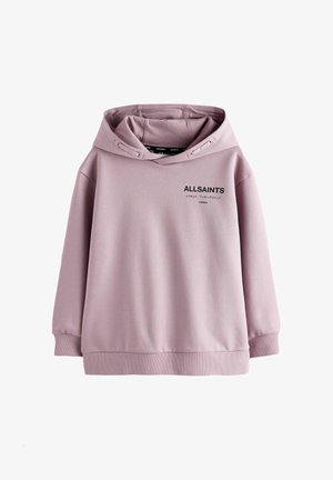 Sweat à capuche lavender avec le texte "ALLSAINTS" à l'avant et des caractères japonais, poignets et ourlet côtelés, et capuche à cordon.