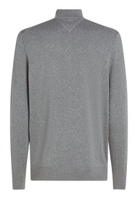 Long sleeve gray knit sweater with mock neck and ribbed cuffs, shown from the back on a white background.