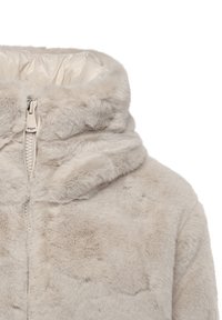 Hellgraue Kunstpelzjacke mit hohem Kragen, Frontreißverschluss und weicher Textur, mit glattem Innenfutter und dezenten Farbnuancen.