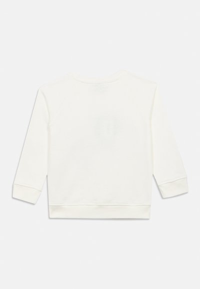 Άσπρο βαμβακερό φούτερ με ραγκλάν μανίκια, στρογγυλή λαιμόκοψη και ριμπ μανσέτες. Ομαλή υφή, χωρίς ορατό λογότυπο ή σχέδια.