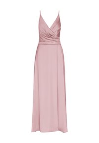 Langes pinkes Satin-Kleid mit V-Ausschnitt, dünnen Trägern und Wickeldesign. Smooth-Textur mit fließender A-Linien-Silhouette.