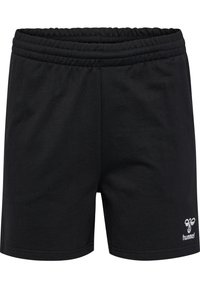 Sorte treningshorts laget av mykt stoff, med elastisk midjebånd og en liten hvit logo nederst til høyre.