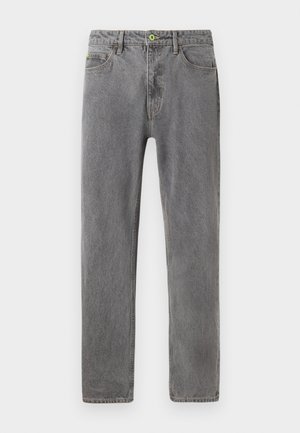 Gray denim jeans with a straight leg design, light wear detailing, five-pocket style, and green button accent at the waist.