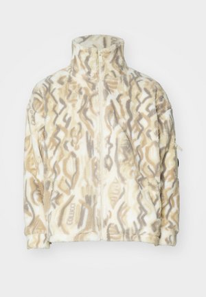 Fleece jacket with high collar, zip front, in beige and cream with abstract brown patterns, featuring side pockets and a soft texture.