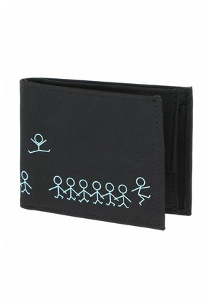 Black bifold wallet with light blue stick figure chain holding hands, one figure jumping above and two at edges stepping apart.