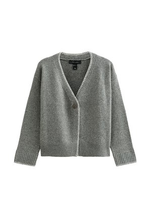 Cardigan gris de punto con escote en V, cierre frontal con botones y puños y dobladillo acanalados. Costuras de contraste destacadas a lo largo de los bordes.