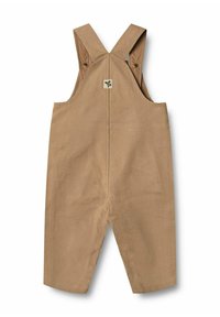 Braune Latzhosen aus strapazierfähigem Stoff, mit breiten Trägern, einer Gesäßtasche und einem kleinen Logobutton. Klare Linien mit einer strukturierten Oberfläche.