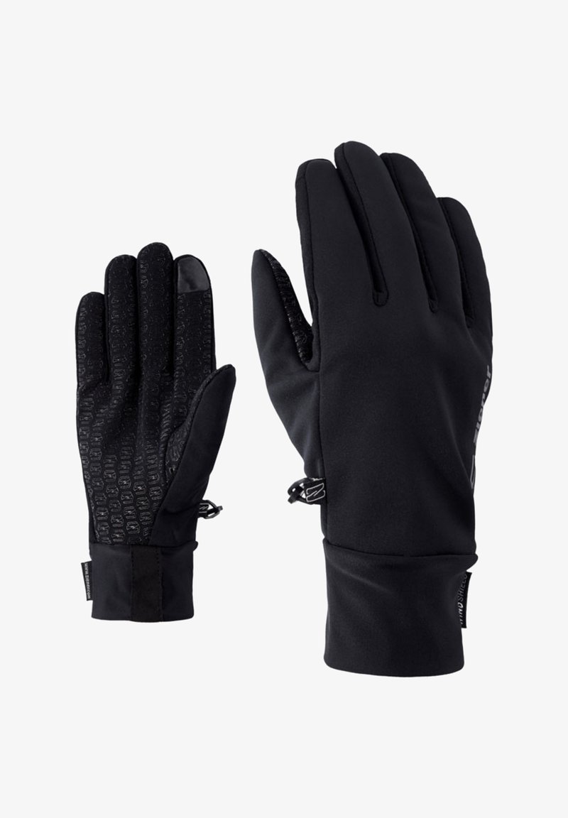Black gloves made of textured fabric, featuring a smooth touch screen area and adjustable wrist straps for a secure fit.