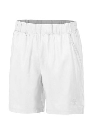 Weiße Freizeitshorts mit elastischem Bund, Seitentaschen und kleinem Logo am unteren linken Bein.