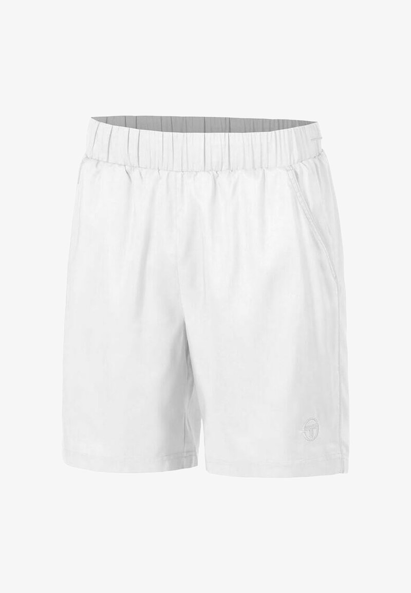 Pantalones cortos casuales blancos con cintura elástica, bolsillos laterales y un pequeño logo en la parte inferior de la pierna izquierda.