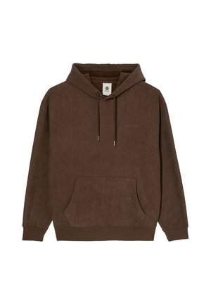 Sweat à capuche marron en velours côtelé avec poche kangourou à l'avant, capuche à cordon de serrage et poignets côtelés, posé à plat sur fond blanc.